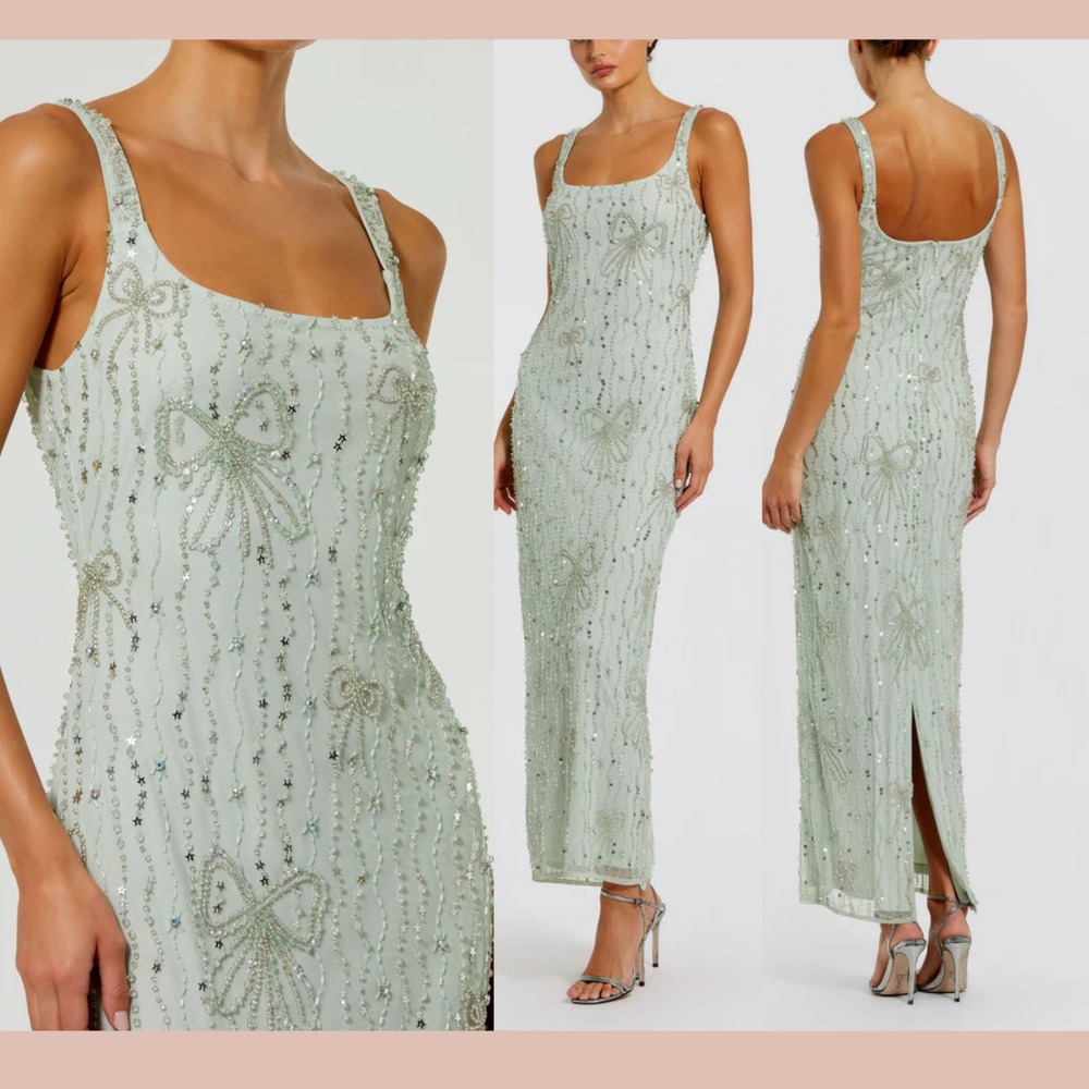 NWT MAC DUGGAL [ 4 ] 94129  Beaded Mesh Scoop Neck Fitted Gown‎ With Bows Q1207